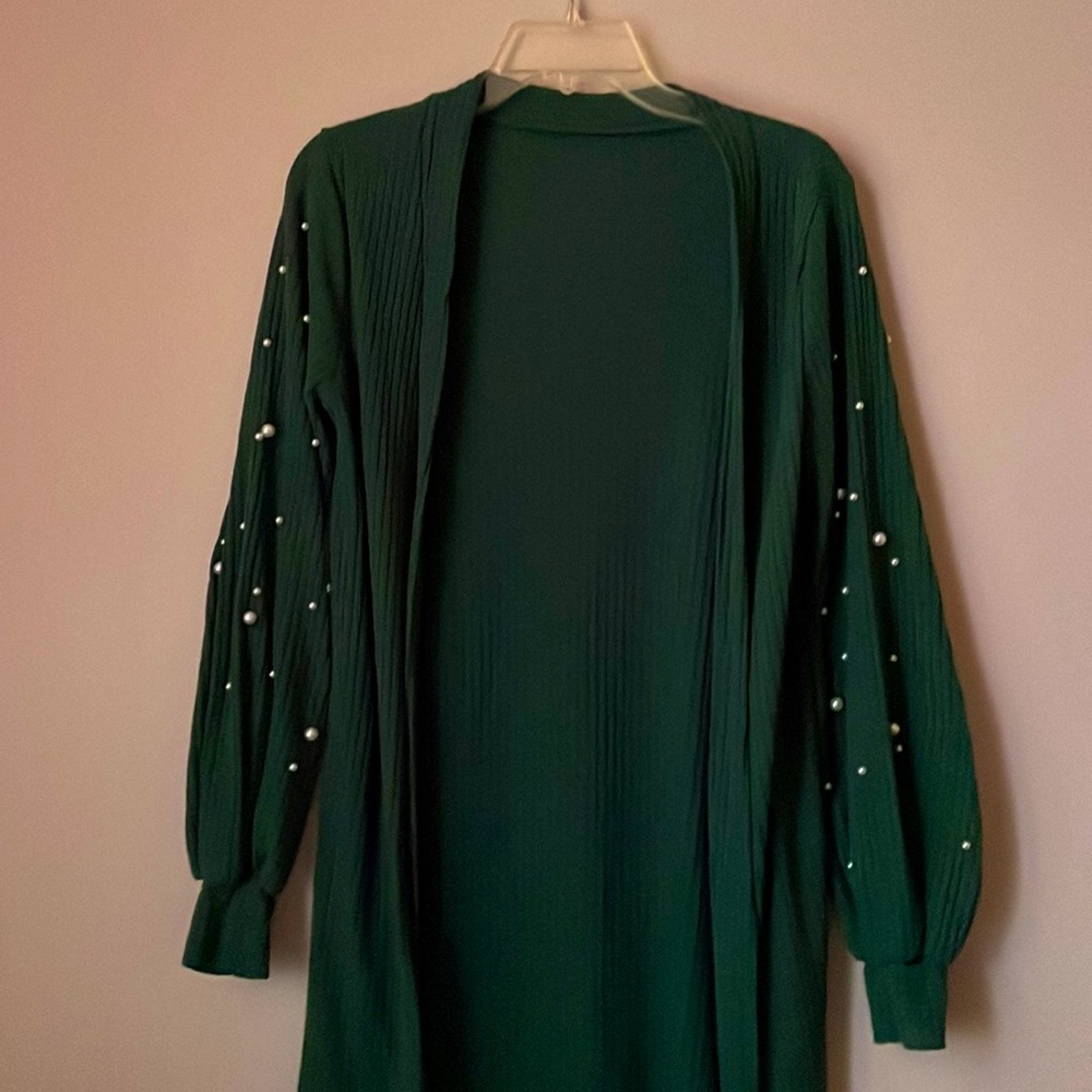 long emerald green cardigan with pearls